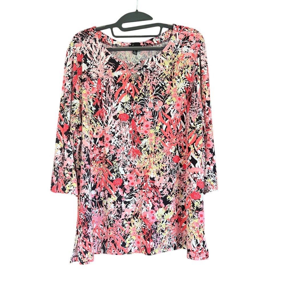 Links Womens Pink Black Floral Lattice Neck 3/4 Sleeve Top Blouse Large Casual